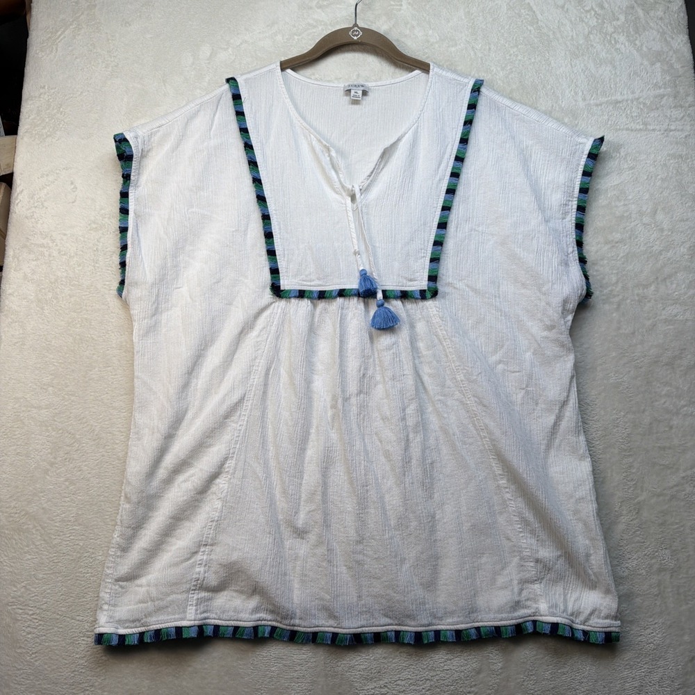 J Crew Tassel Tie Peasant Top White Boho Cap Sleeve Blouse Womens XL